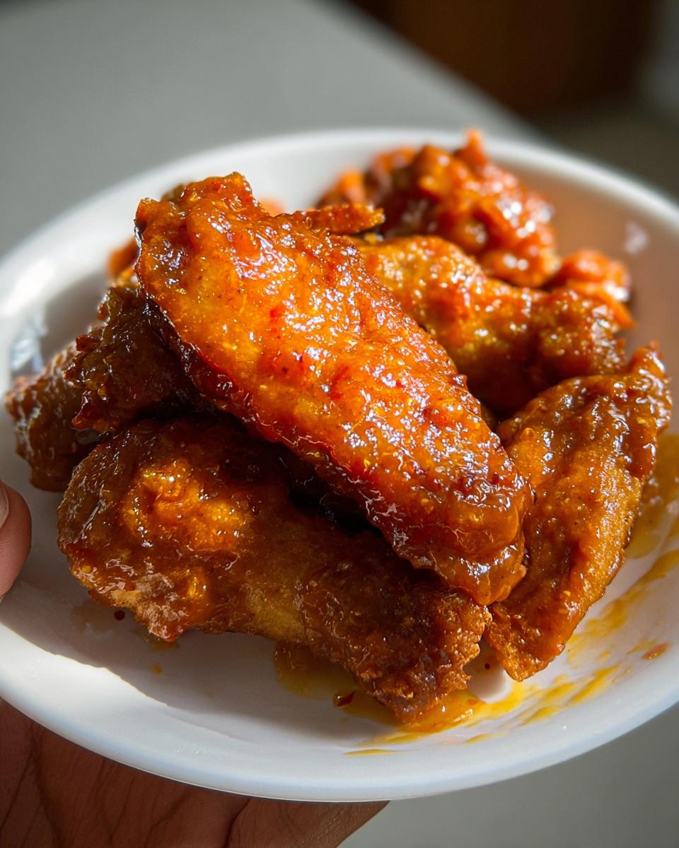 Close-up of crispy chicken wings heavily coated in a glossy, orange Mango Habanero Hot Wings sauce.