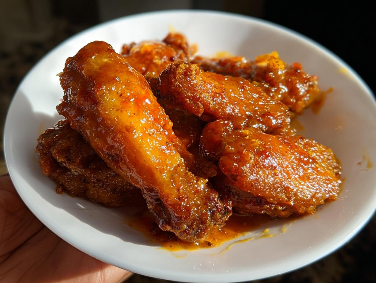 Close-up of several glossy, orange-glazed Mango Habanero Hot Wings piled on a white dish.