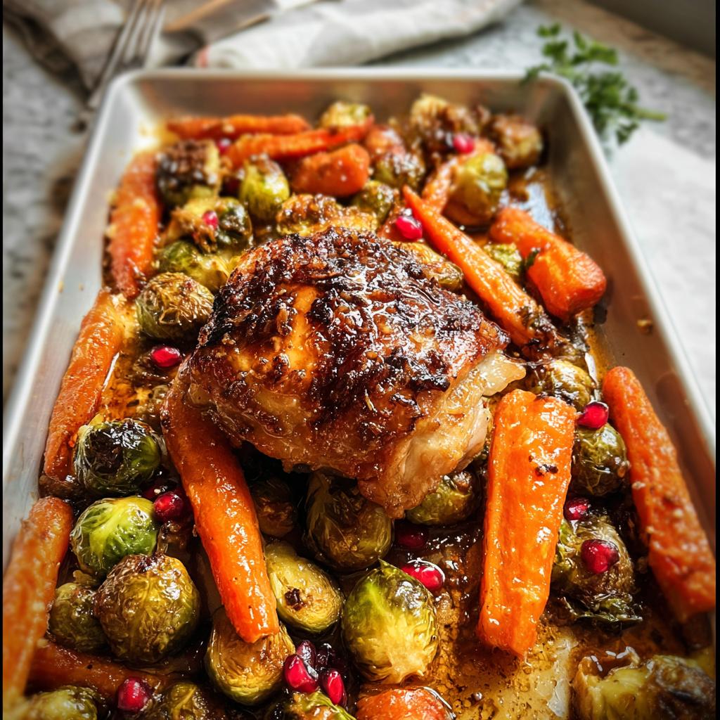 Close-up of Maple Dijon Roasted Chicken Thighs on a sheet pan surrounded by roasted carrots and Brussels sprouts.