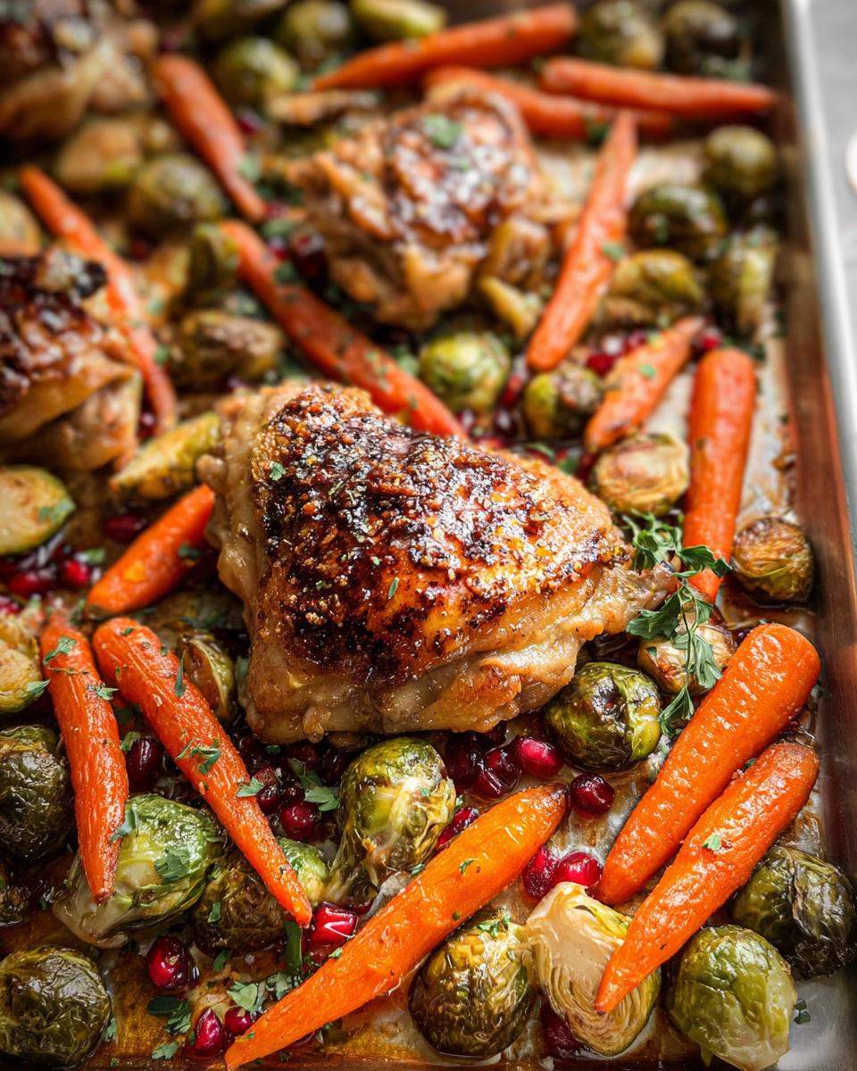Close-up of Maple Dijon Roasted Chicken Thighs on a sheet pan with roasted carrots and Brussels sprouts.