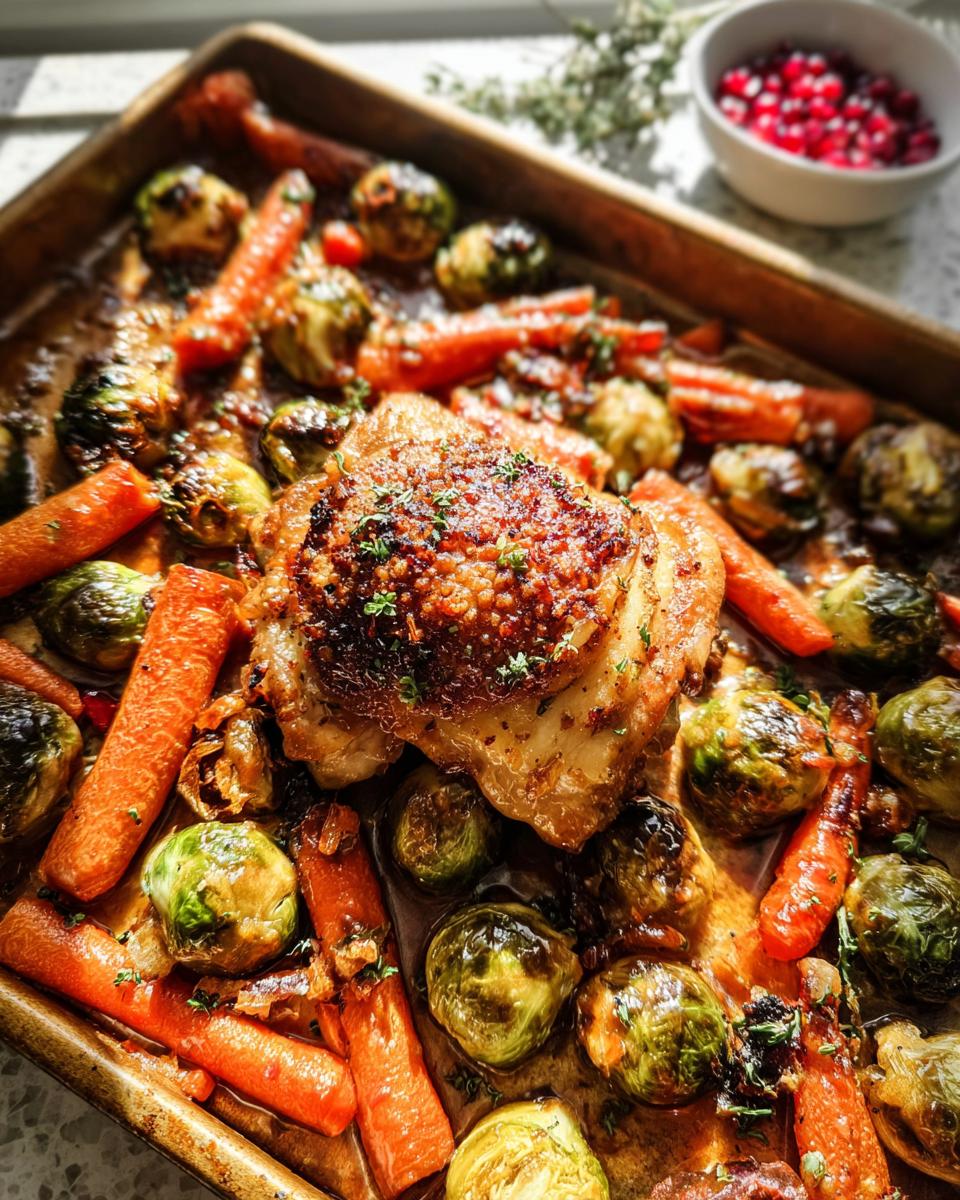 Close-up of Maple Dijon Roasted Chicken Thighs on a sheet pan surrounded by roasted carrots and Brussels sprouts.