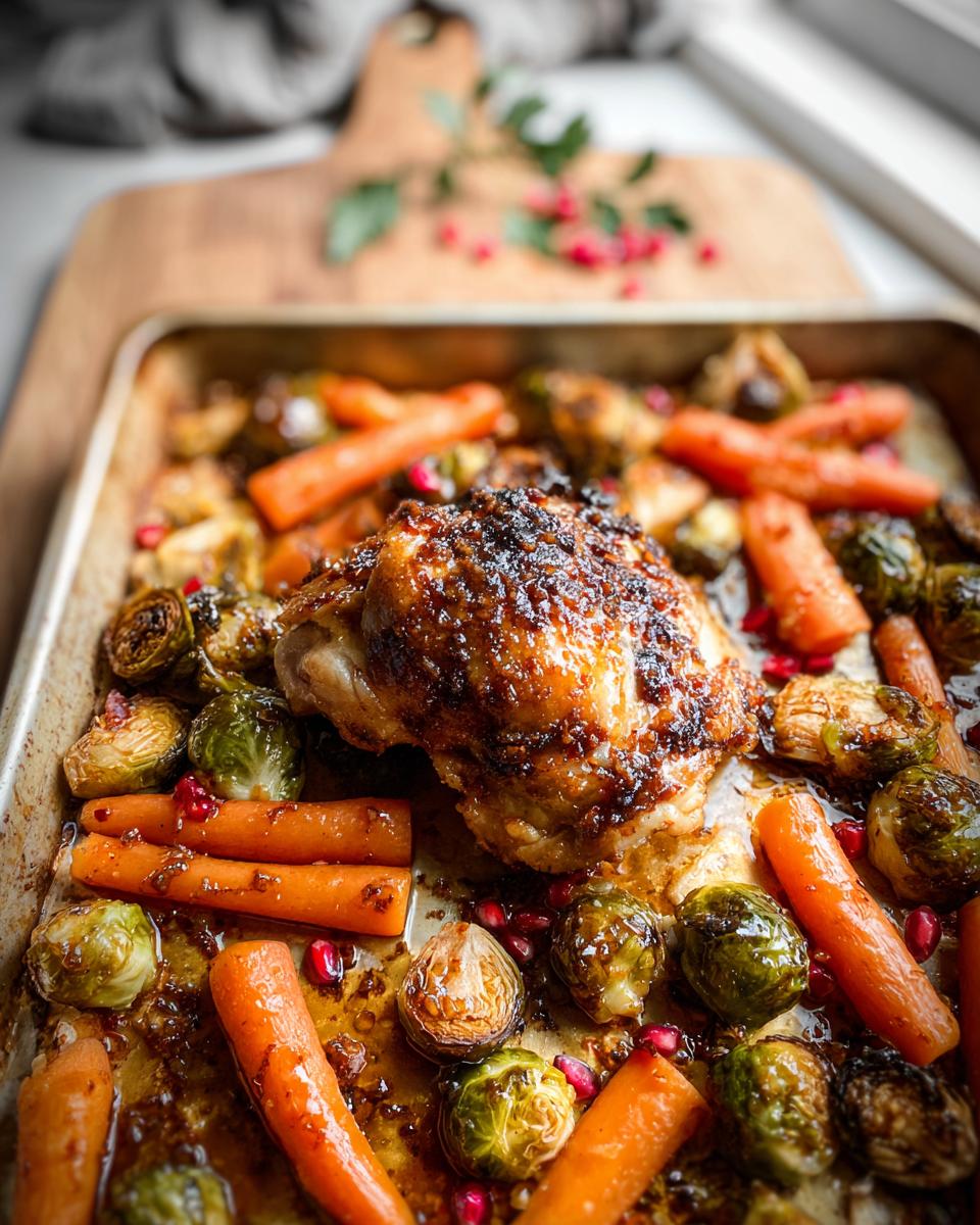 Close-up of Maple Dijon Roasted Chicken Thighs on a sheet pan with roasted carrots and Brussels sprouts.