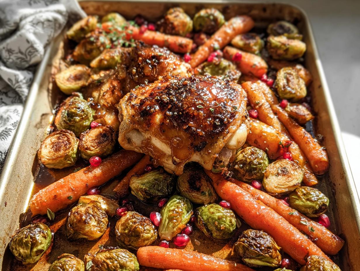Close-up of Maple Dijon Roasted Chicken Thighs surrounded by roasted carrots and Brussels sprouts on a sheet pan.