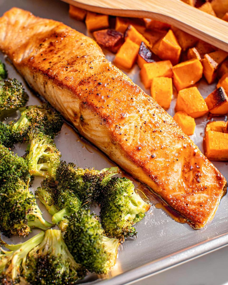 Close-up of a perfectly cooked Maple Dijon Salmon Sheet Pan Dinner with roasted broccoli and sweet potatoes.