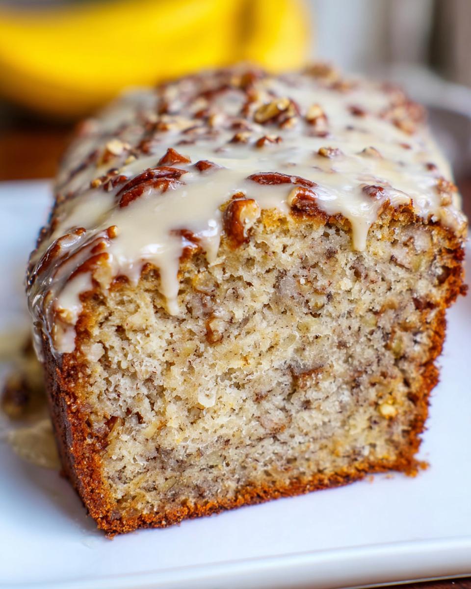 Close-up of Maple Pecan Banana Bread slice topped with a thick maple glaze and chopped pecans.