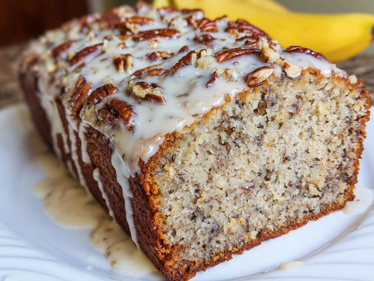 Close-up of a loaf of Maple Pecan Banana Bread with a thick maple glaze and pecans on top.