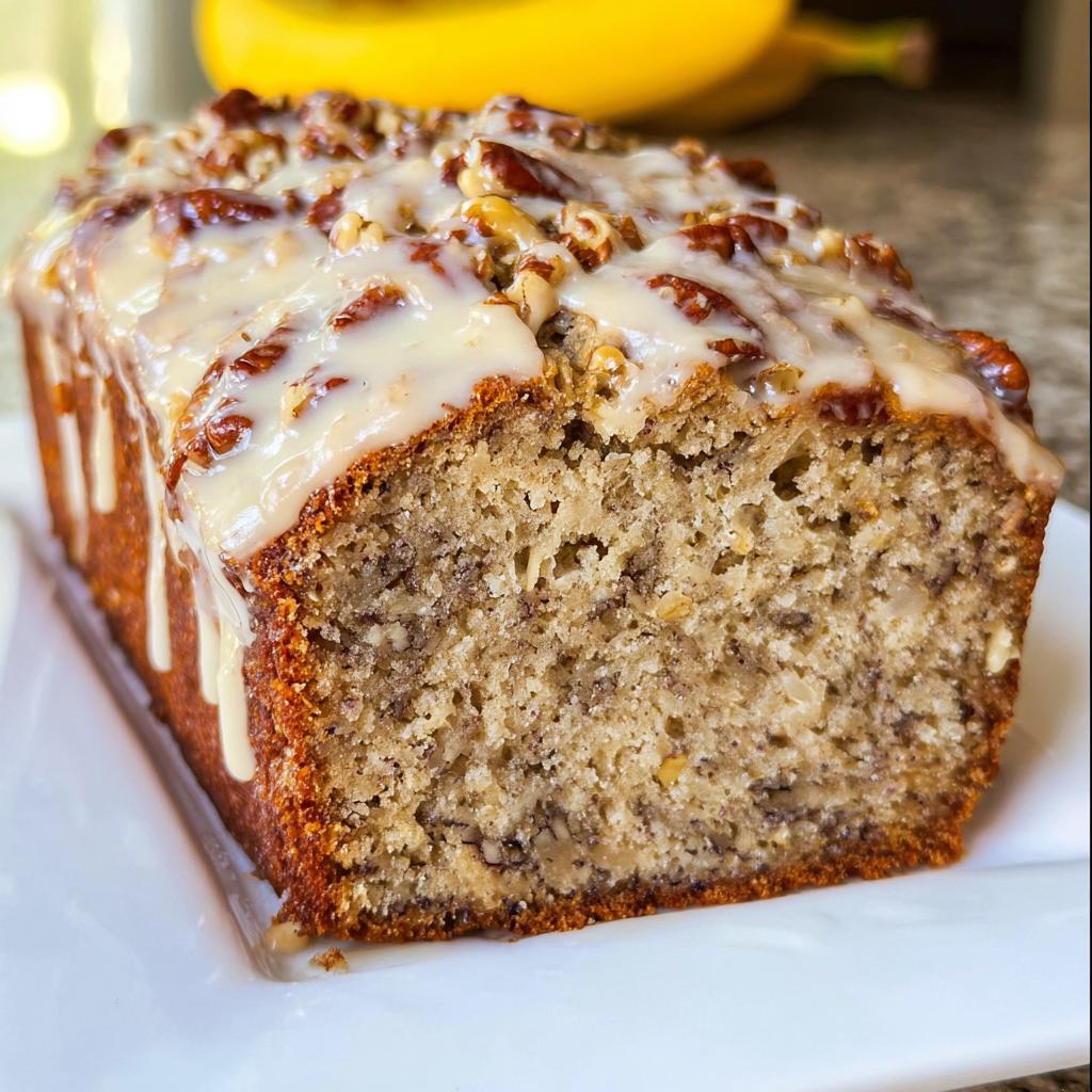 Close-up of a slice of Maple Pecan Banana Bread topped with a thick maple glaze and pecans.