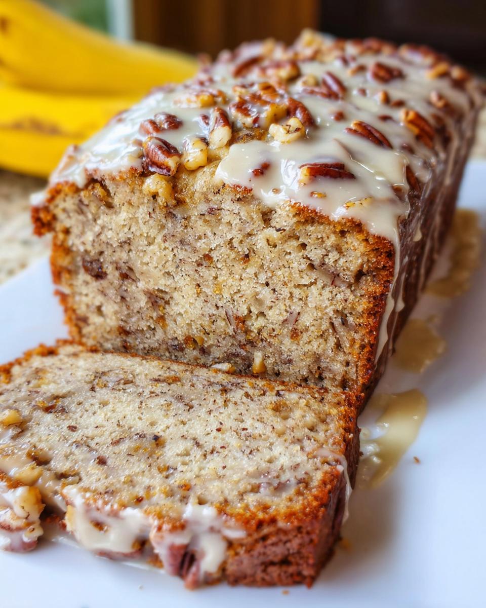A sliced loaf of Maple Pecan Banana Bread topped with a thick maple glaze and chopped pecans.