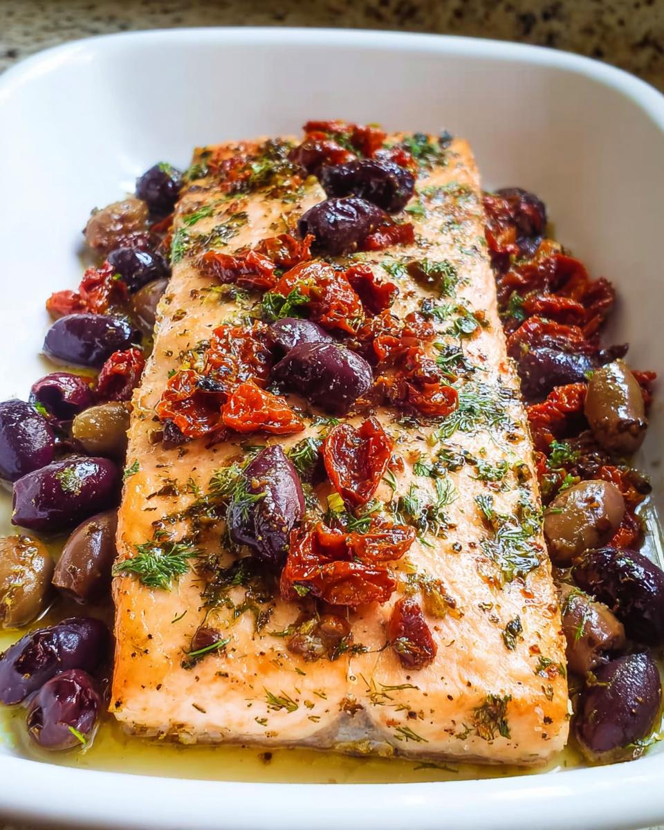 Close-up of a perfectly cooked Mediterranean Baked Salmon with Tomatoes and Olives, seasoned with herbs.