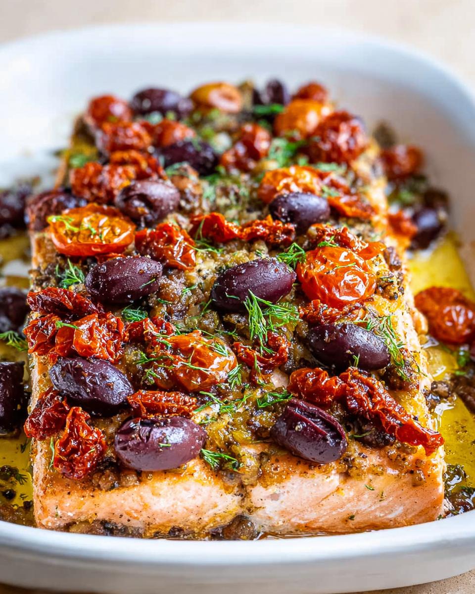 Close-up of a baked salmon fillet topped with Kalamata olives, sun-dried tomatoes, and fresh dill.