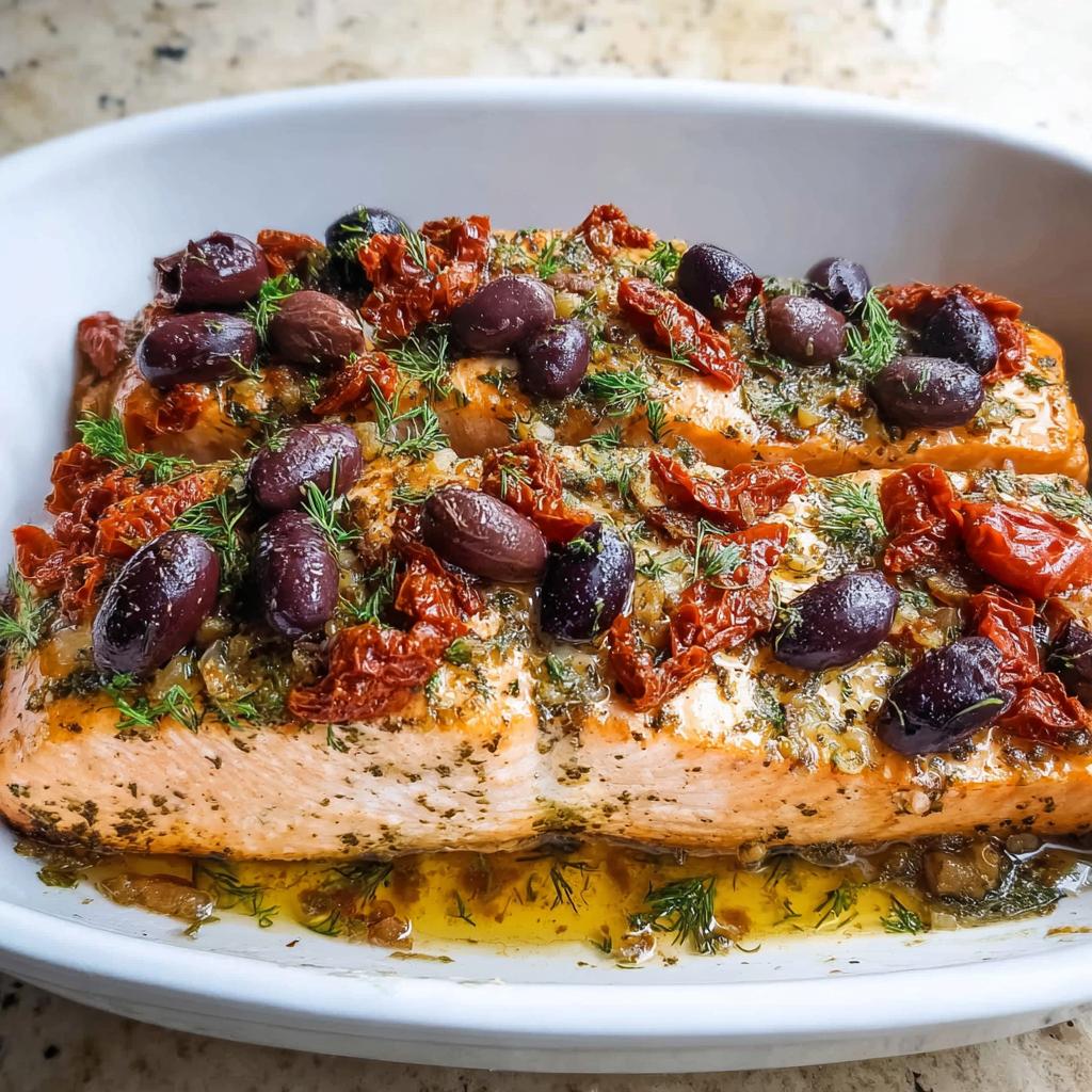 Two fillets of Mediterranean Baked Salmon with Tomatoes and Olives, topped with Kalamata olives and sun-dried tomatoes.