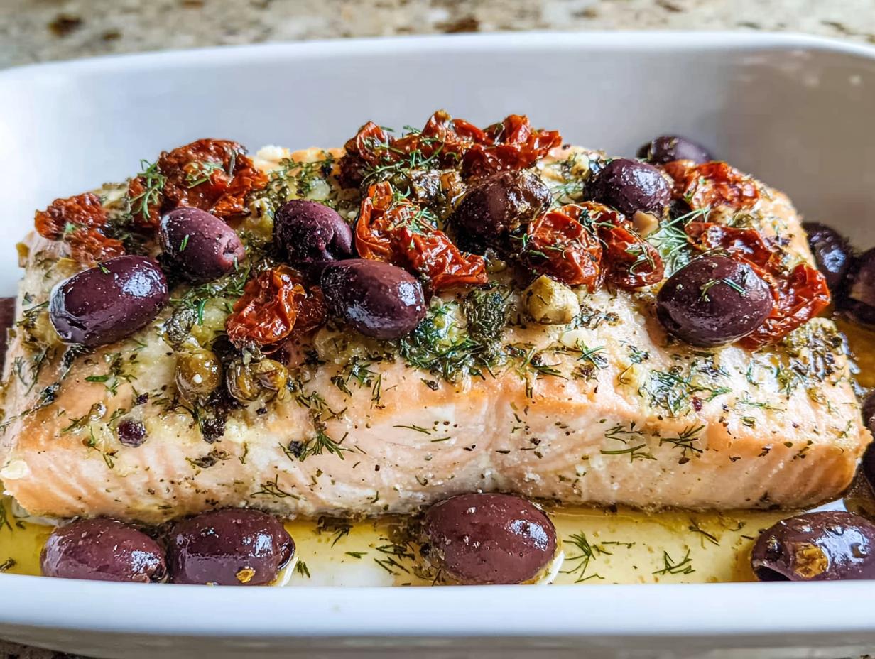 Close-up of a baked salmon fillet topped with sun-dried tomatoes, Kalamata olives, and fresh dill for Mediterranean Baked Salmon.