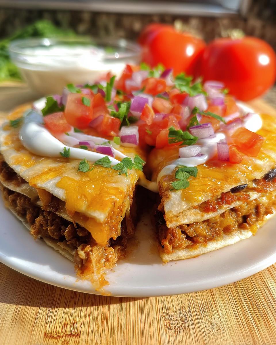 Two slices of homemade Mexican Pizza showing layers of seasoned meat, melted cheese, sour cream, and fresh pico de gallo.