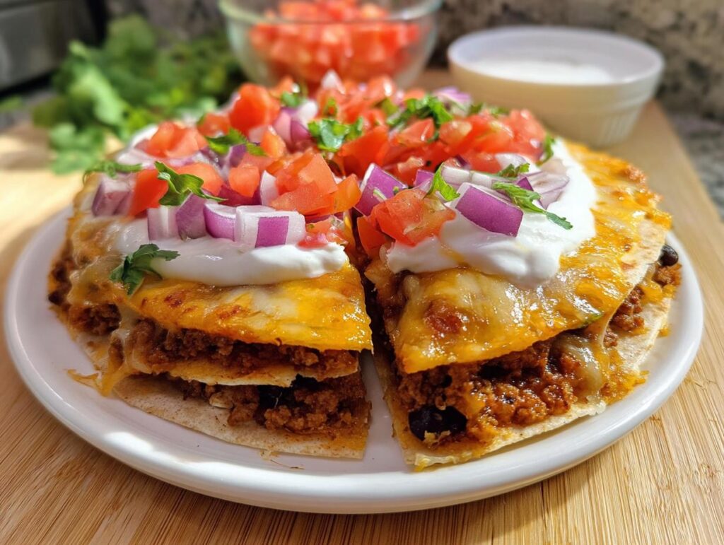A cross-section view of a homemade Mexican Pizza topped with melted cheese, sour cream, diced tomatoes, and red onion.