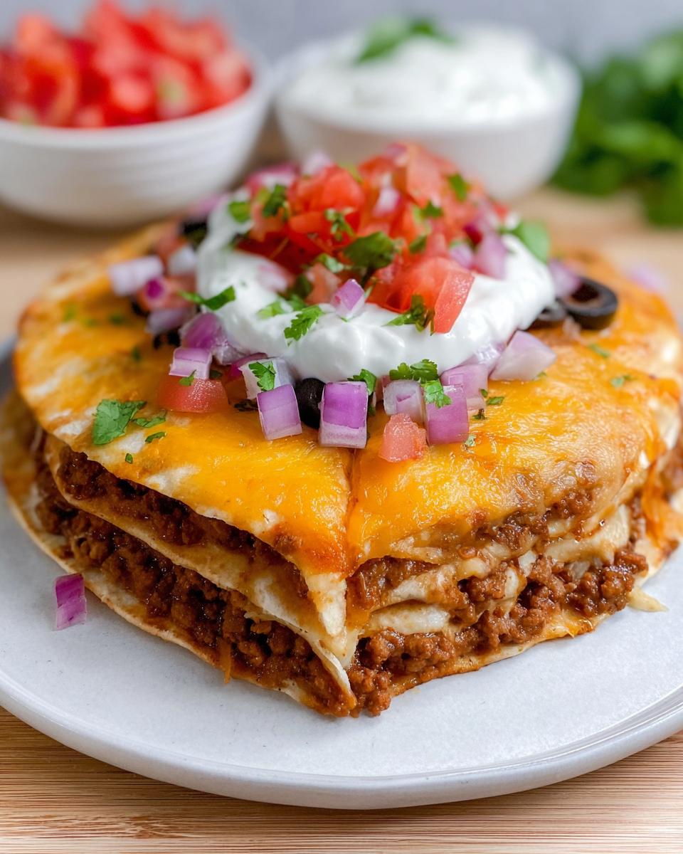 A layered copycat Mexican Pizza topped with melted cheese, sour cream, diced tomatoes, red onion, and olives.