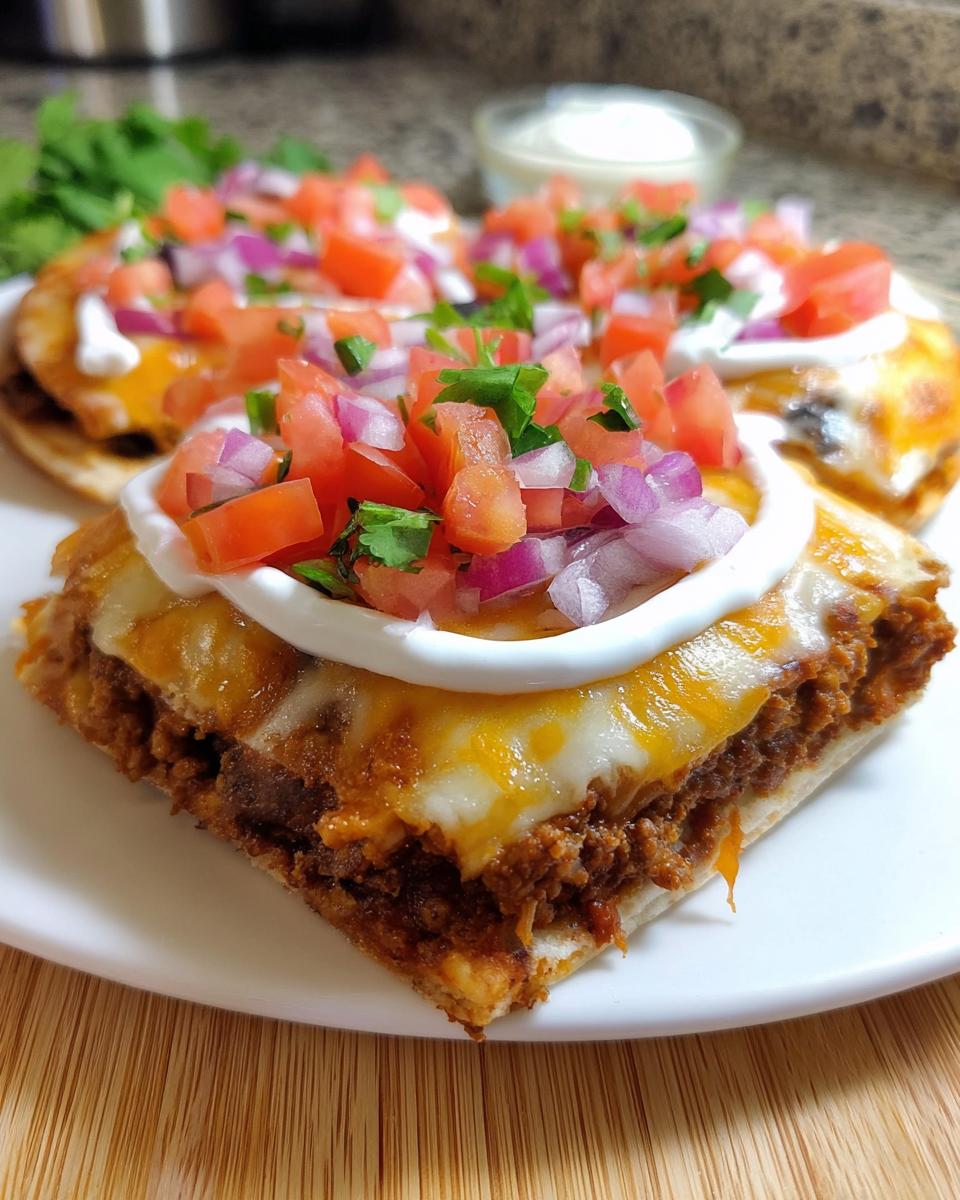 A thick slice of homemade Mexican Pizza showing layers of seasoned meat, melted cheese, sour cream, and fresh pico de gallo.