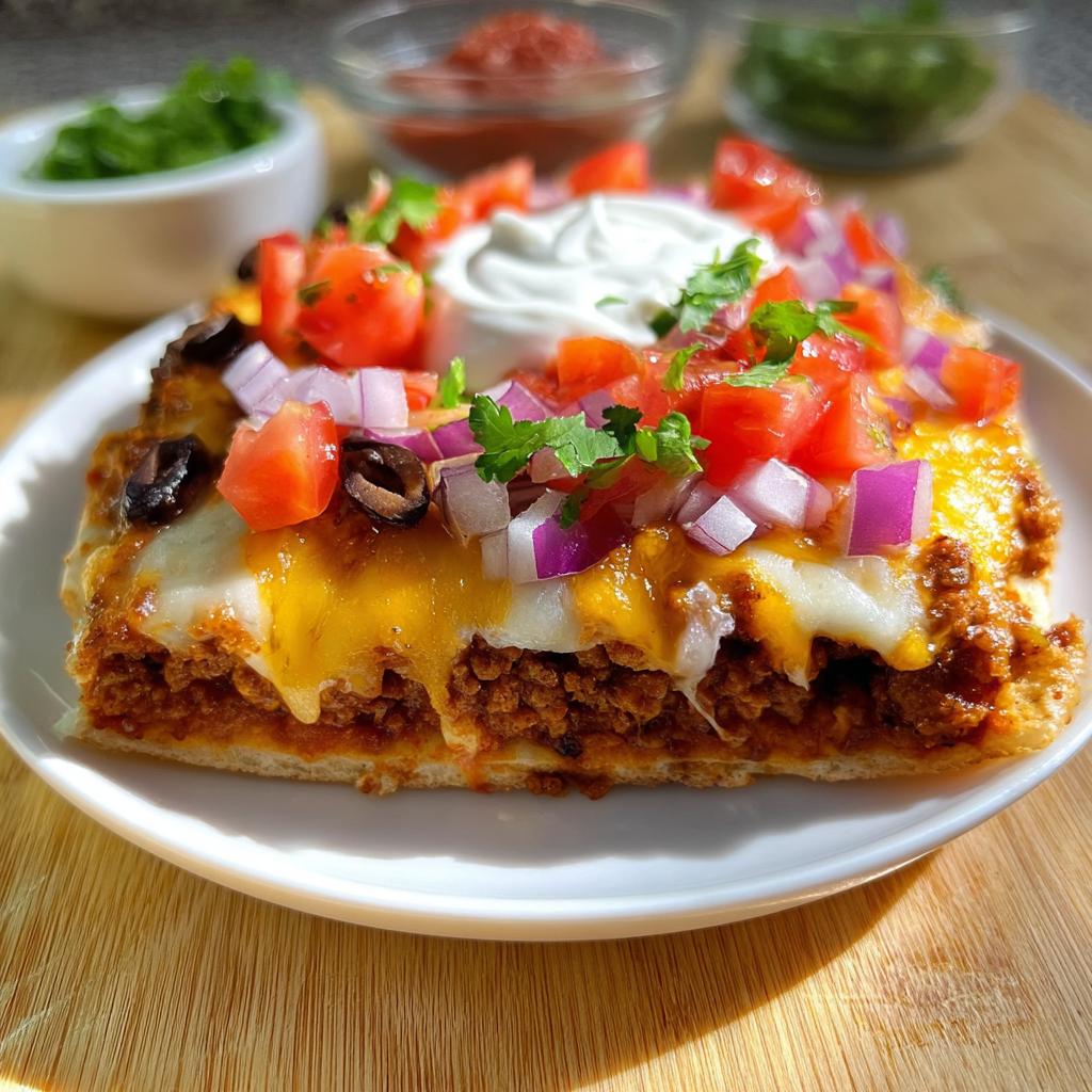 Close-up of a slice of Mexican Pizza topped with melted cheese, seasoned beef, diced red onion, tomatoes, and sour cream.