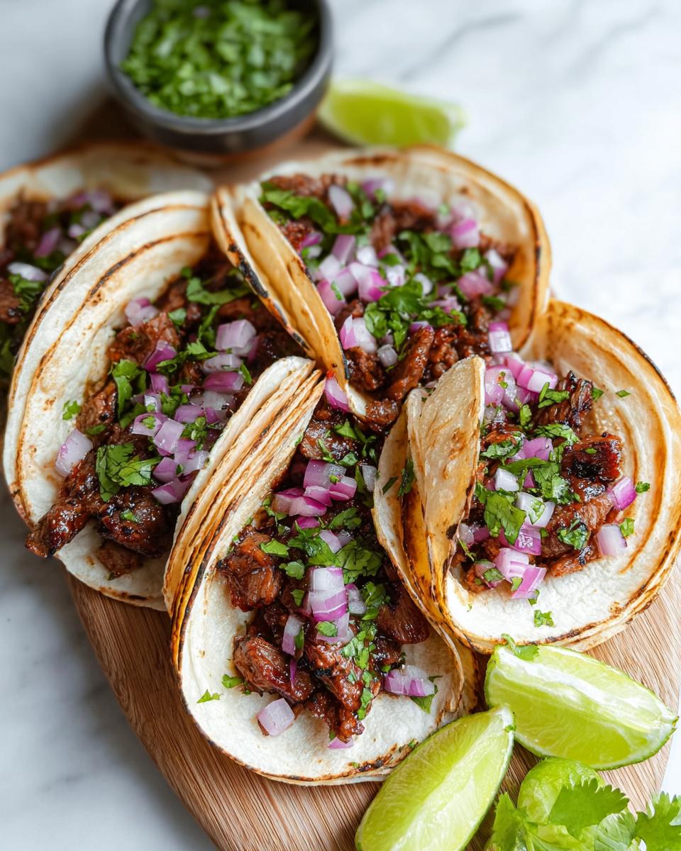 Four grilled Mexican Street Tacos filled with marinated meat, topped with diced red onion and fresh cilantro.