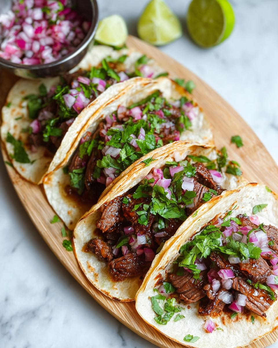 Four Mexican Street Tacos filled with savory meat, topped with diced red onions and cilantro, served on a wooden board.