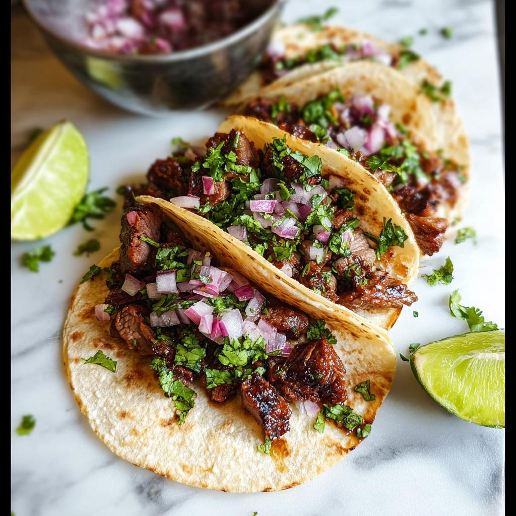Three delicious Mexican Street Tacos filled with grilled meat, topped with diced red onion and cilantro, served with lime wedges.