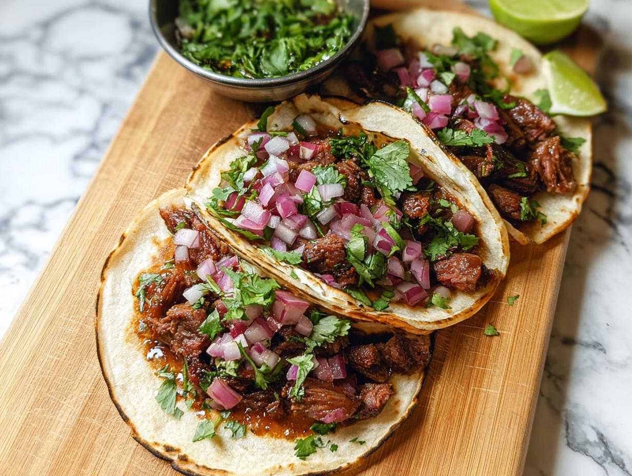 Three flavorful Mexican Street Tacos filled with braised meat, topped with diced red onion and cilantro.