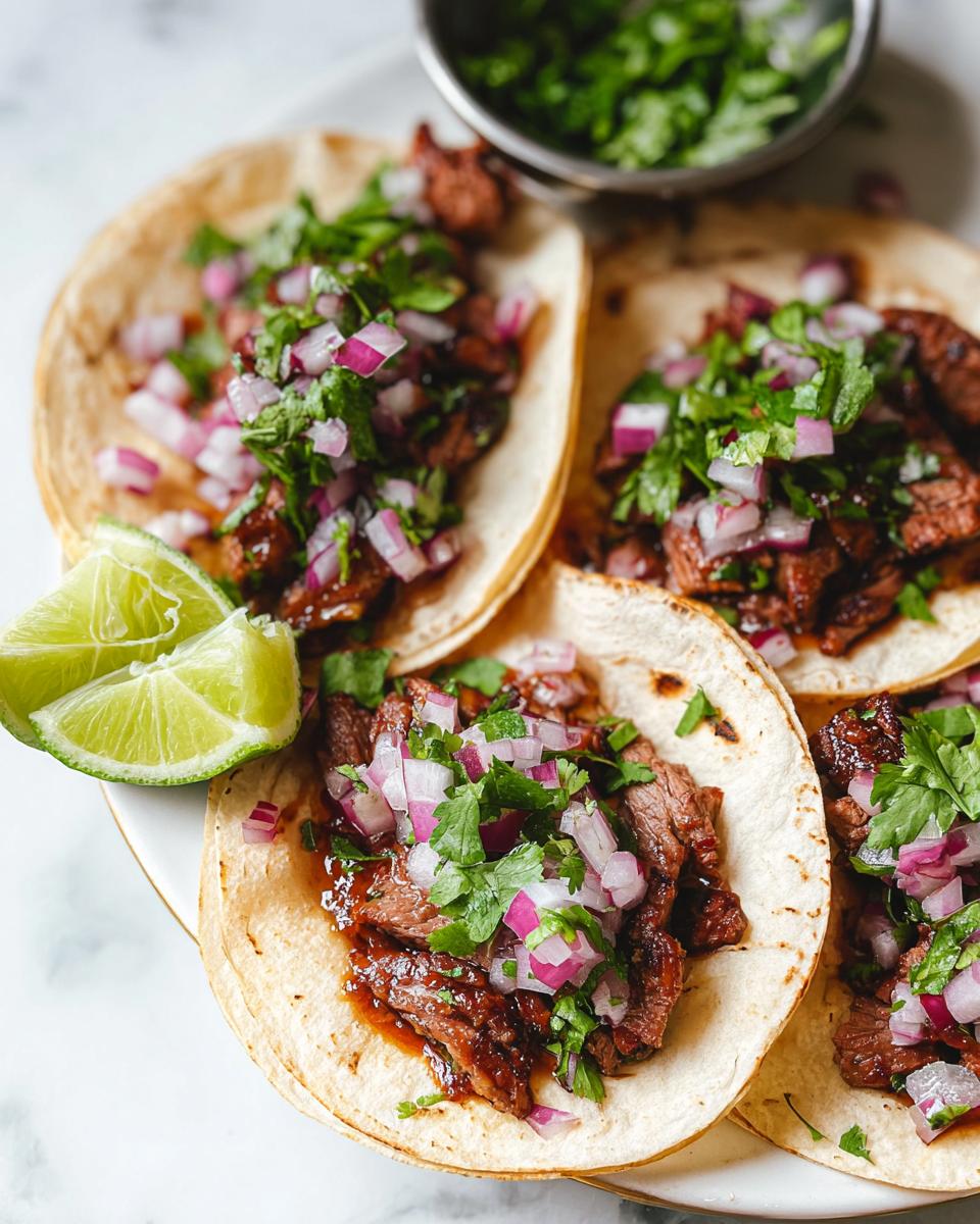 Close-up of Mexican Street Tacos filled with marinated steak, topped with diced red onion and cilantro.