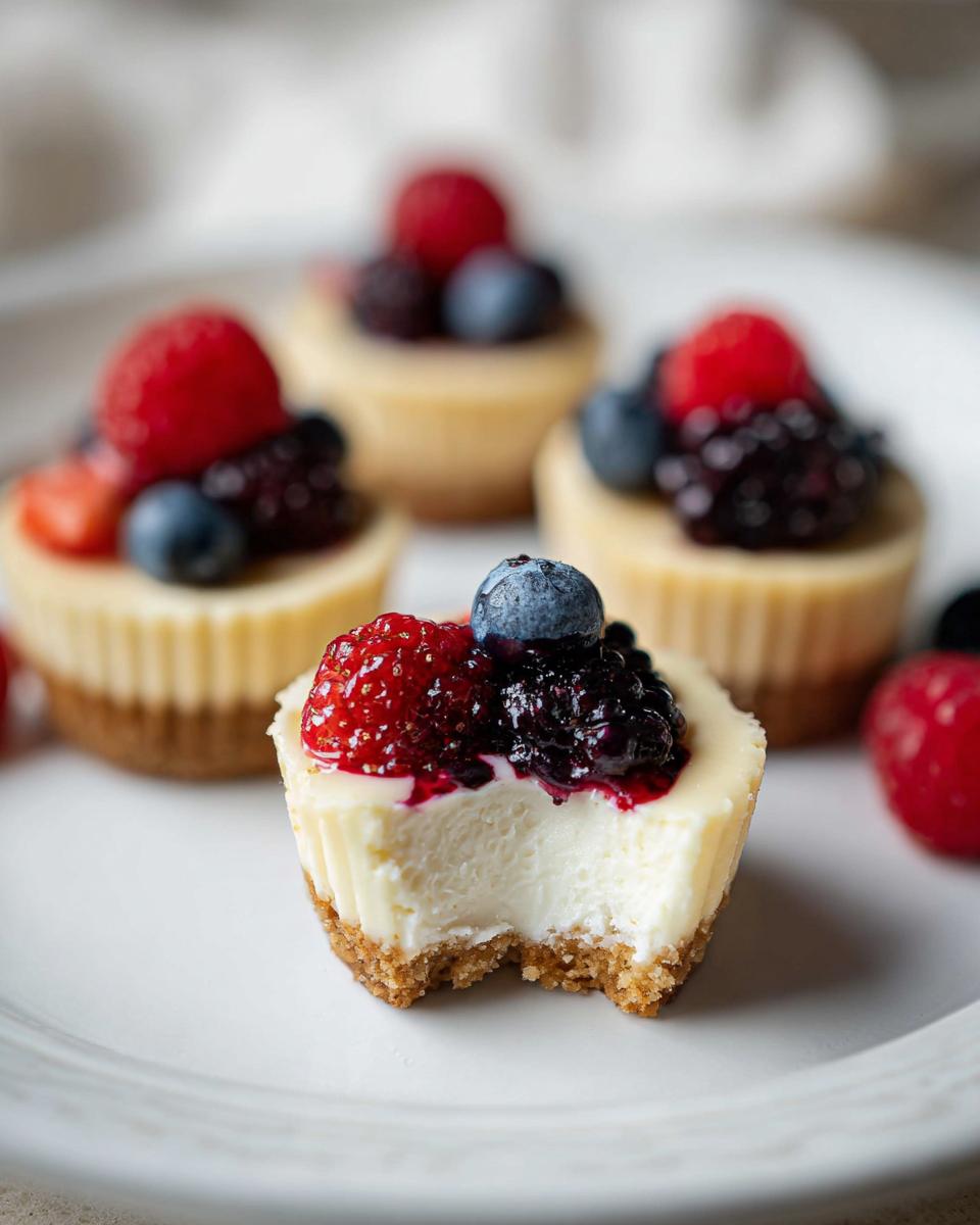 Close-up of a Mini Cheesecake Bites with Berry Topping with a bite taken out, showing creamy filling and graham cracker crust.