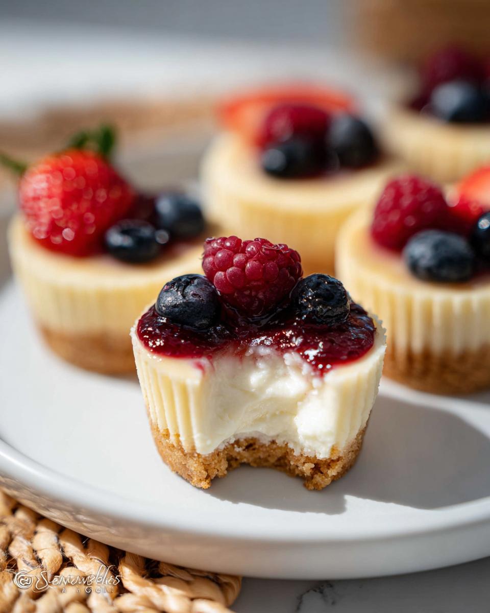 Close-up of a Mini Cheesecake Bite with Berry Topping, showing a bite taken out of the creamy center.