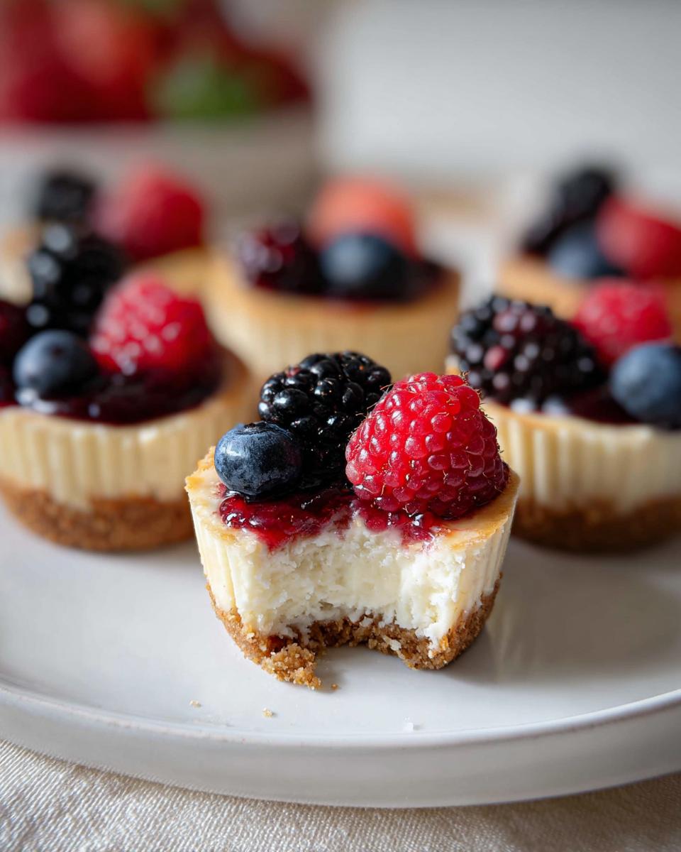 A close-up of one of the Mini Cheesecake Bites with Berry Topping, showing a bite taken out of the creamy center and graham cracker crust.