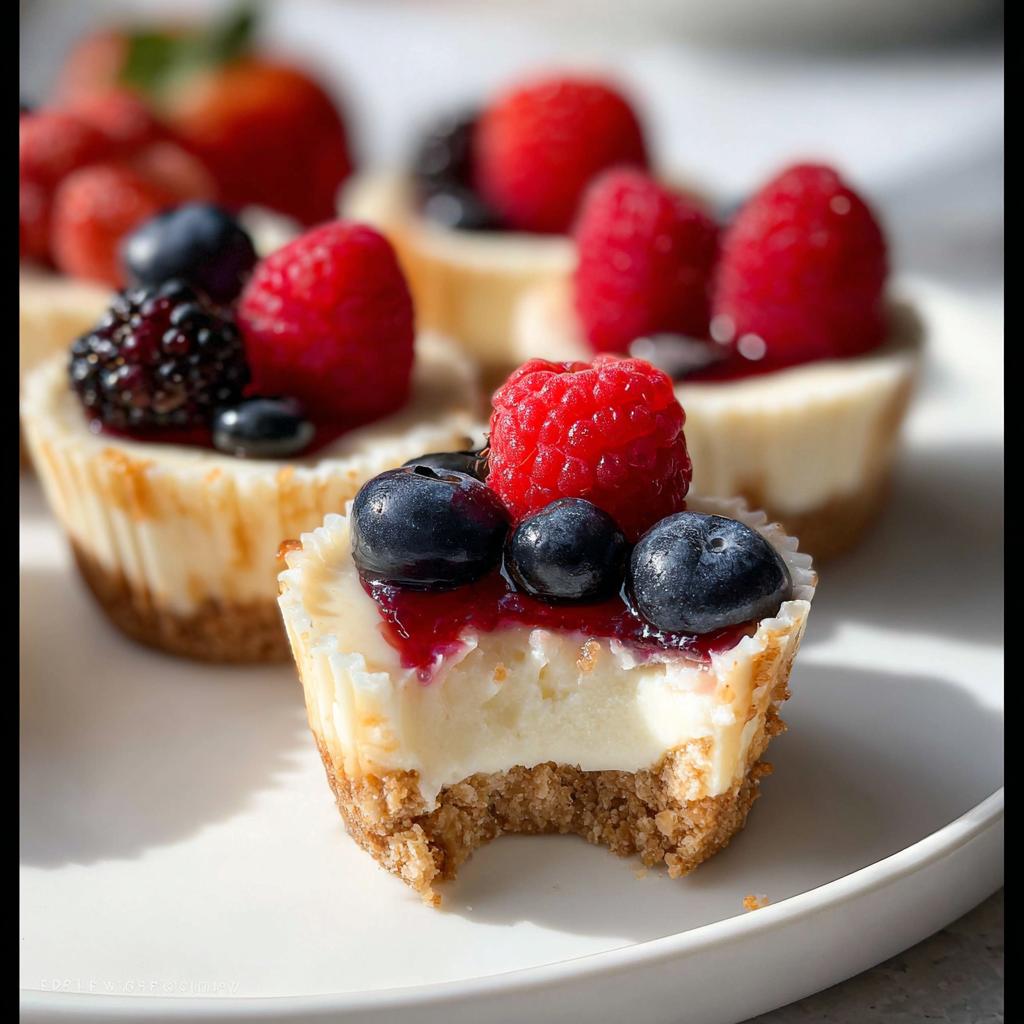 Close-up of a Mini Cheesecake Bite with Berry Topping, showing a bite taken out of the creamy filling and graham cracker crust.