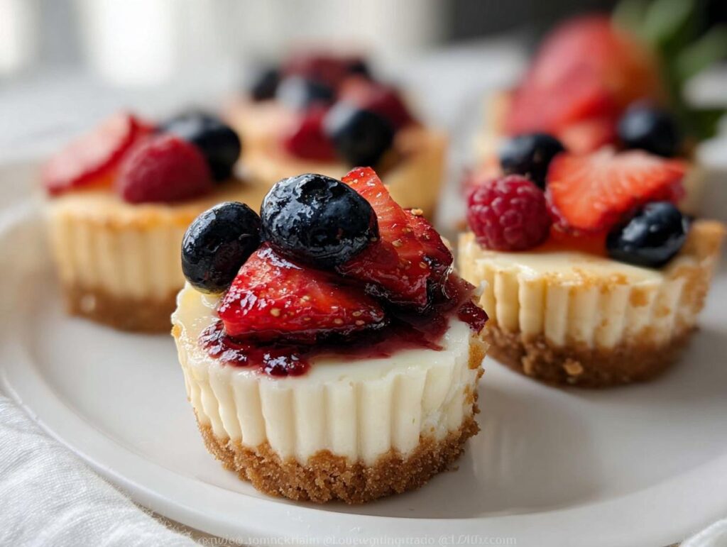 Close-up of delicious Mini Cheesecake Bites with Berry Topping, featuring fresh blueberries, strawberries, and raspberries on a graham cracker crust.