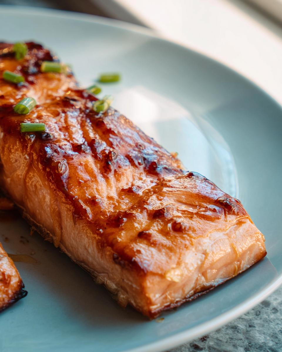 Close-up of a perfectly cooked Miso Glazed Broiled Salmon fillet with a shiny, caramelized top garnished with green onions.