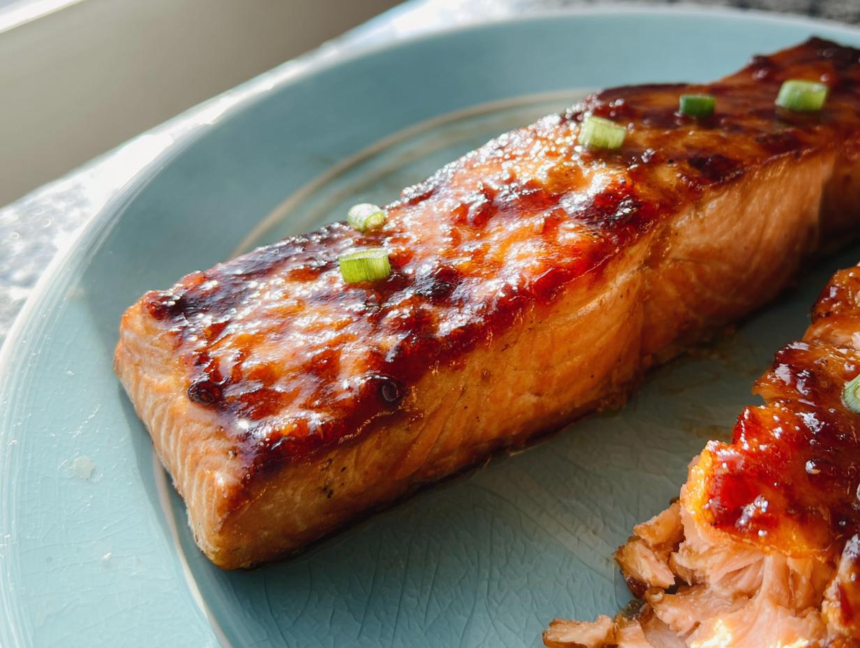 Close-up of a perfectly cooked Miso Glazed Broiled Salmon fillet with a shiny glaze and green onion garnish.