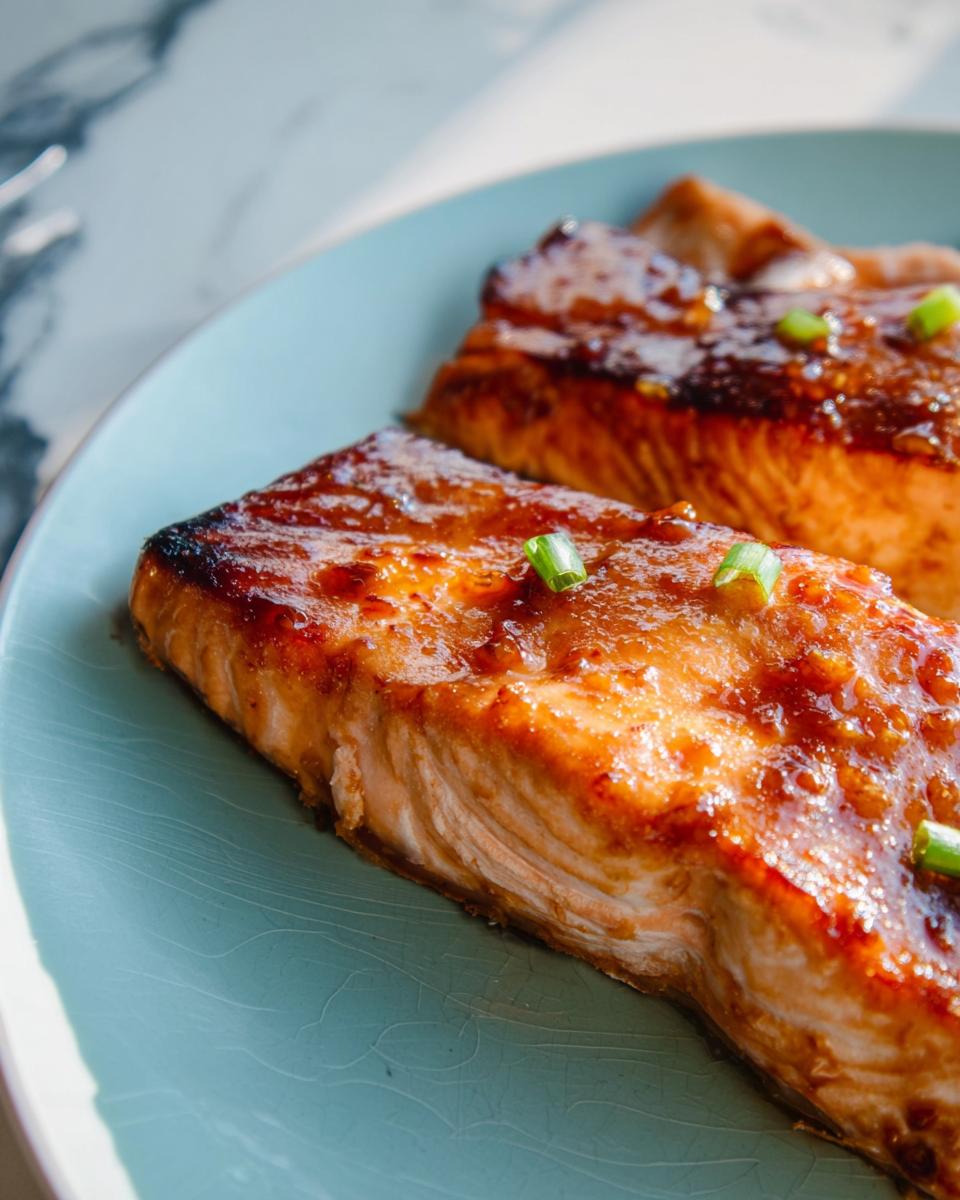 Close-up of two perfectly cooked Miso Glazed Broiled Salmon fillets on a light blue plate, garnished with green onions.