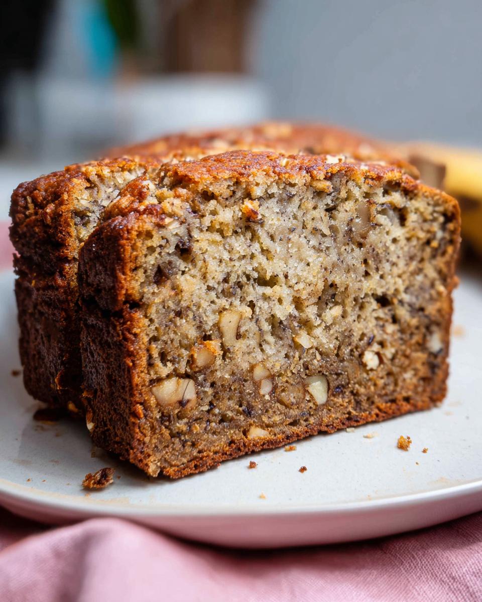 Close-up of a thick slice of moist Banana Nut Bread with Walnuts showing texture and nuts.