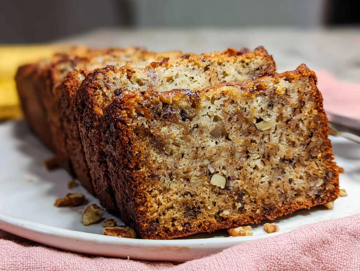 Close-up of moist slices of Banana Nut Bread with Walnuts showing texture and nuts.