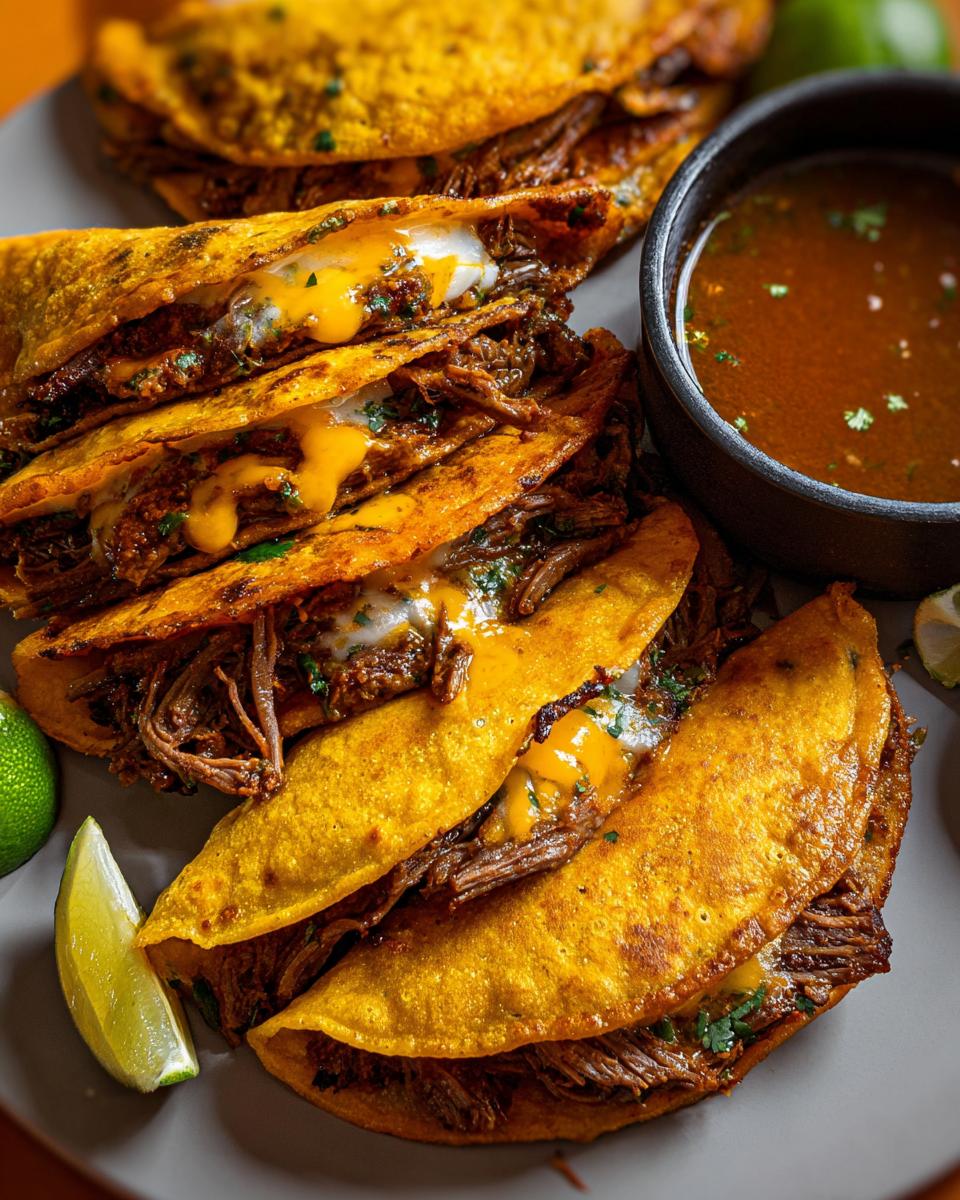 Close-up of several My Fave Birria Tacos stacked on a plate next to a small bowl of consommé and lime wedges.