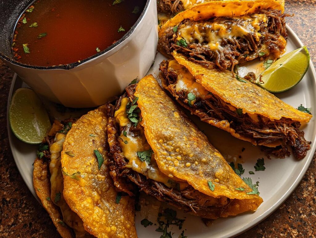 A plate featuring several crispy, cheesy My Fave Birria Tacos served alongside a small pot of rich consommé and lime wedges.