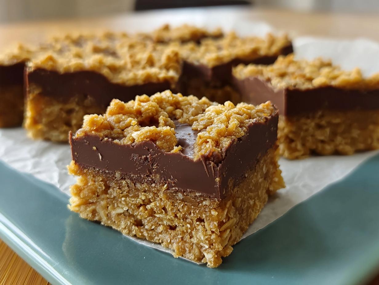 A close-up of a layered No Bake Chocolate Peanut Butter Oat Bar showing the oat base, chocolate layer, and crumbly topping.