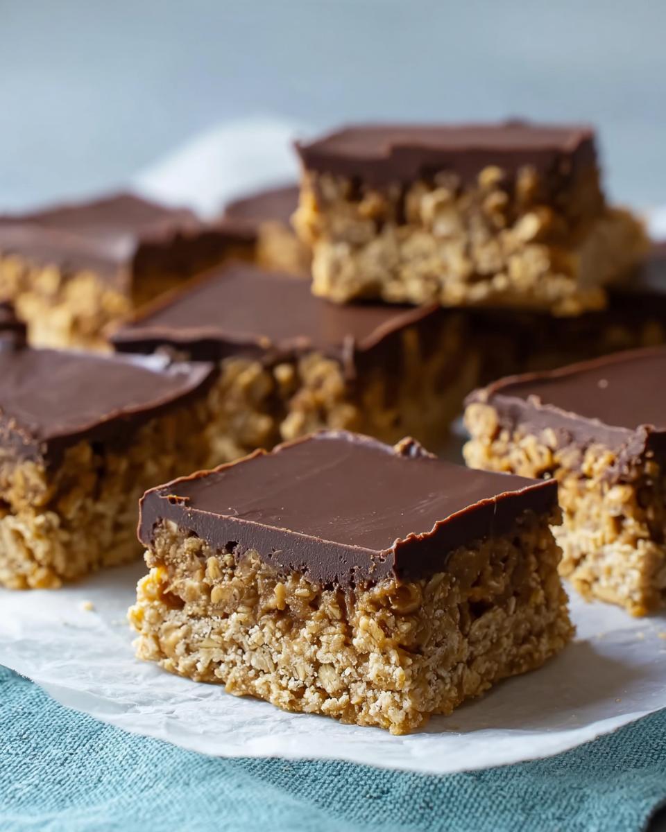 A square portion of No Bake Chocolate Peanut Butter Oat Bars showing the thick oat base and smooth chocolate topping.