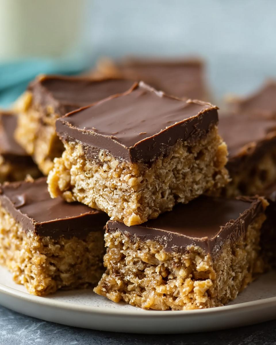 Close-up of stacked No Bake Chocolate Peanut Butter Oat Bars with a thick chocolate topping.