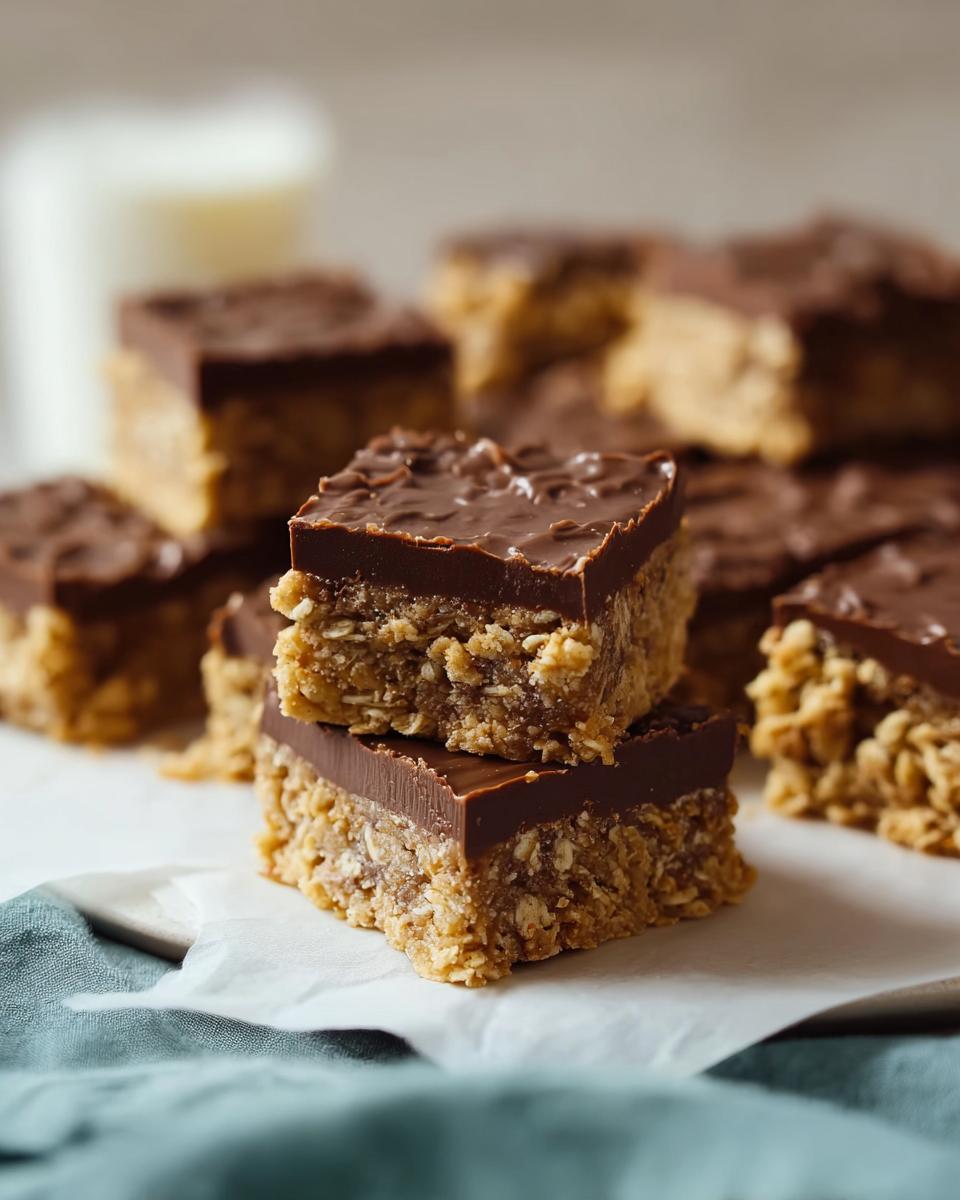 Two No Bake Chocolate Peanut Butter Oat Bars stacked, showing the thick oat base and chocolate topping.