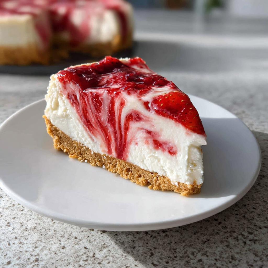 A perfect slice of No Bake Strawberry Swirl Cheesecake with a graham cracker crust on a white plate.