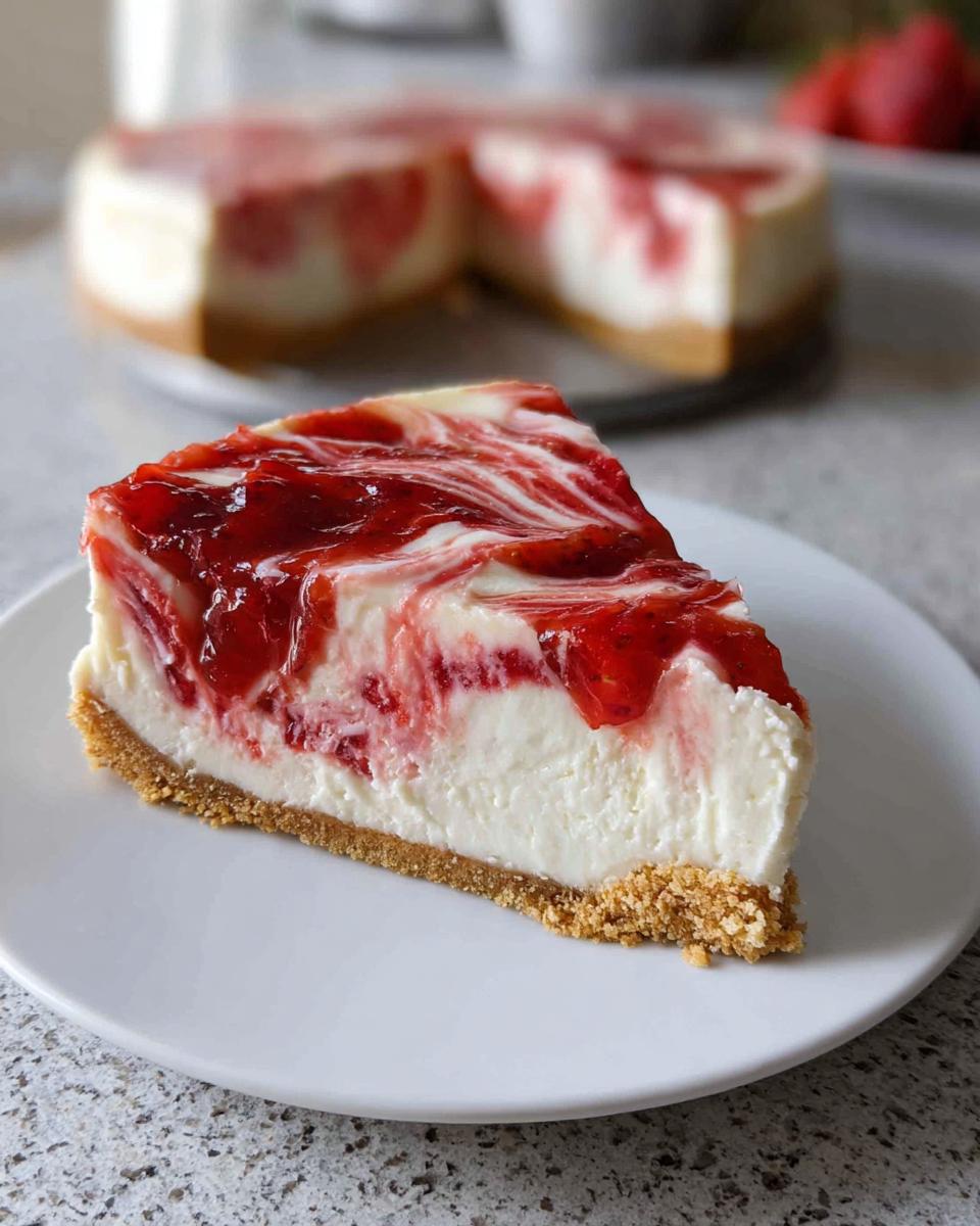 A perfect slice of No Bake Strawberry Swirl Cheesecake with a graham cracker crust, served on a white plate.