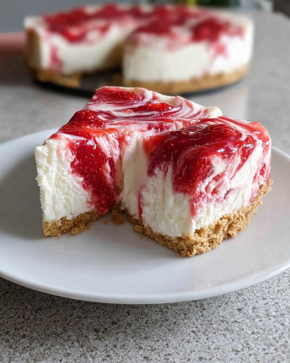 A close-up of a slice of No Bake Strawberry Swirl Cheesecake with a graham cracker crust on a white plate.