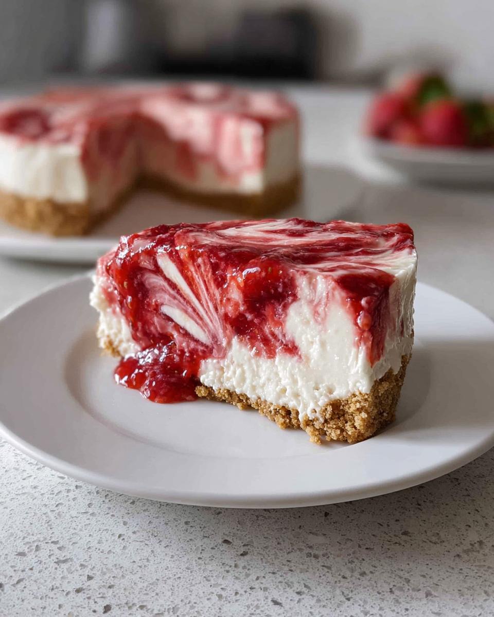 A close-up slice of No Bake Strawberry Swirl Cheesecake with a graham cracker crust, sitting on a white plate.