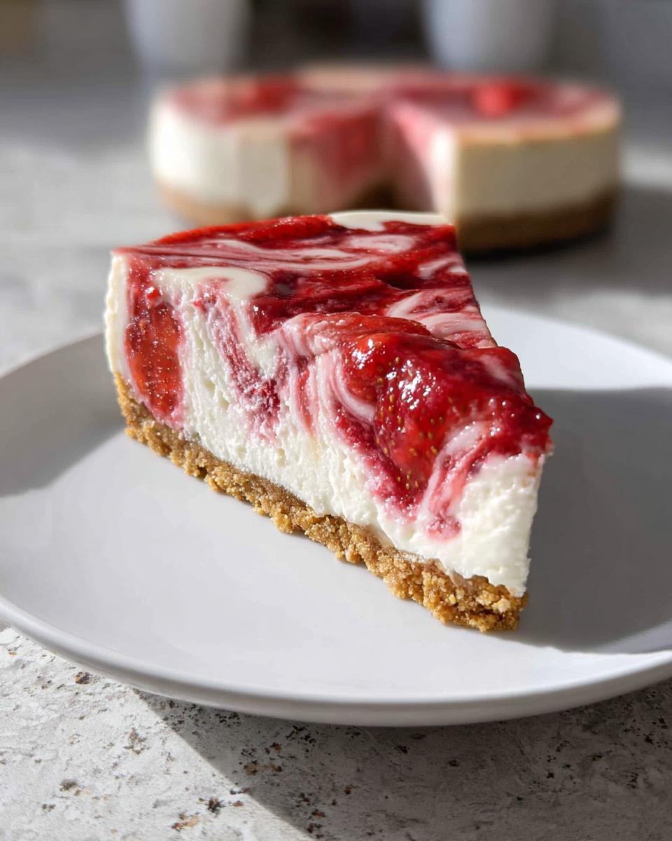 A perfect slice of No Bake Strawberry Swirl Cheesecake with a graham cracker crust on a white plate.