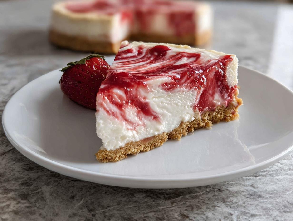 A perfect slice of No Bake Strawberry Swirl Cheesecake with a graham cracker crust, served with a fresh strawberry.