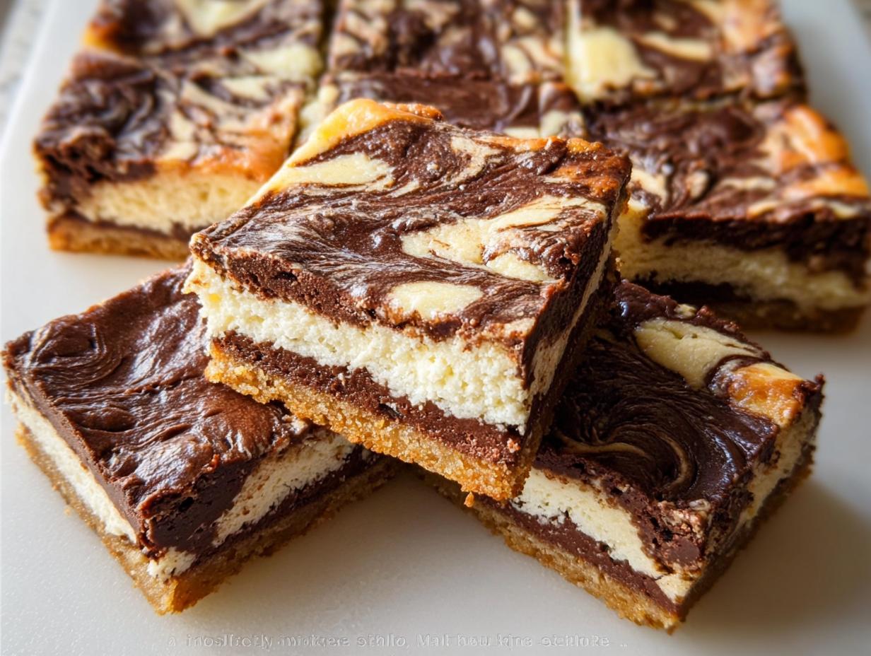 Three stacked squares of Nutella Swirl Cheesecake Bars showing the graham cracker crust, cheesecake layer, and marbled chocolate topping.