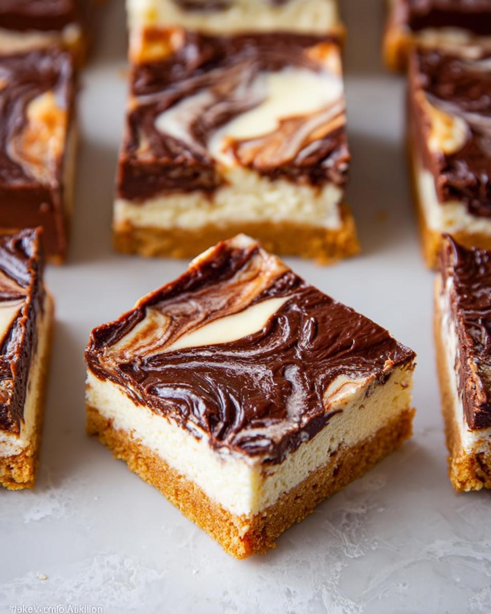 A close-up of a square Nutella Swirl Cheesecake Bars piece showing the graham cracker crust and marbled chocolate topping.